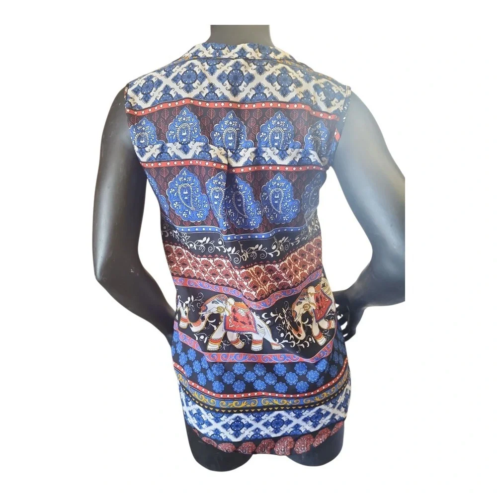 Artsy Boho Elephant Print Tank Top Resort Travel Inspired Blouse Small - Picture 6 of 12